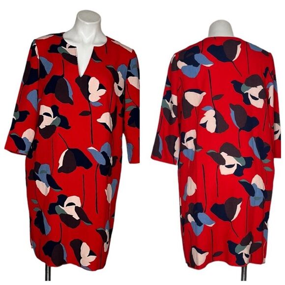 BODEN Red Floral Dress Easy Notch Shift Pockets Loose Fit Womens Size 10 R - Picture 10 of 11